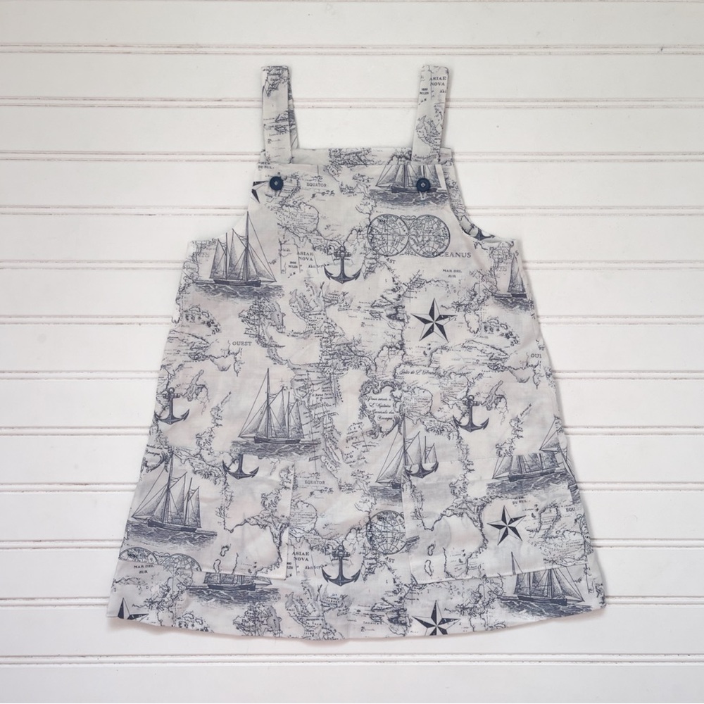 CUSTOM MADE EUC Nautical Vintage Map Maritime Toile Pinafore Style Jumper Dress